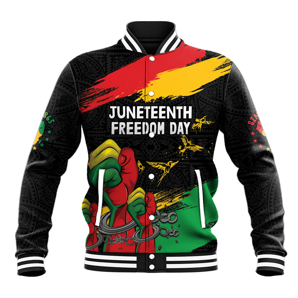 Black baseball jacket with Juneteenth Freedom Day graphic and raised fist pattern