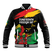 Black baseball jacket with Juneteenth Freedom Day graphic and raised fist pattern