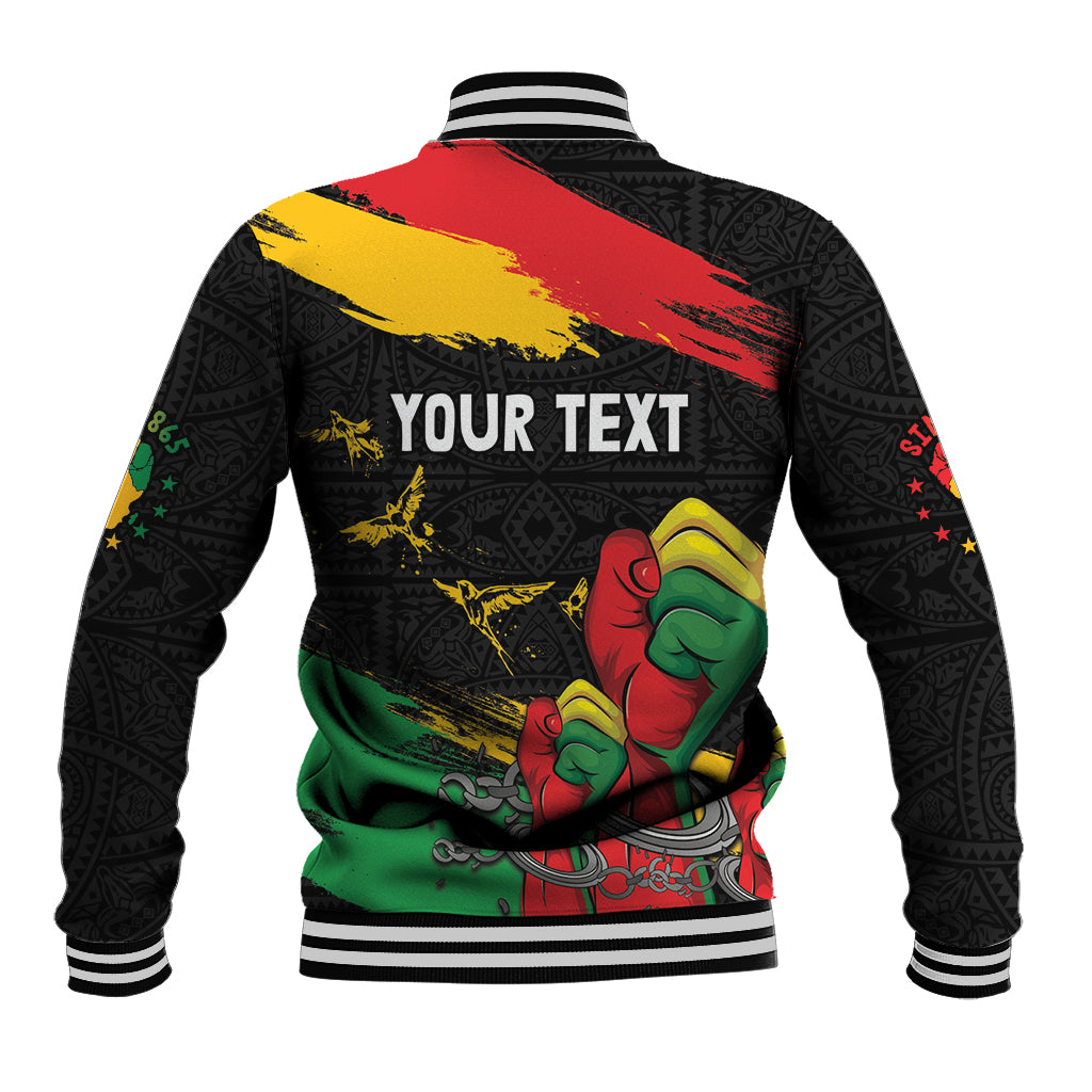 Black baseball jacket back with YOUR TEXT and raised fist African-inspired artwork