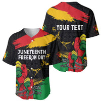 Two black baseball jerseys: Juneteenth Freedom Day front and Your Text back