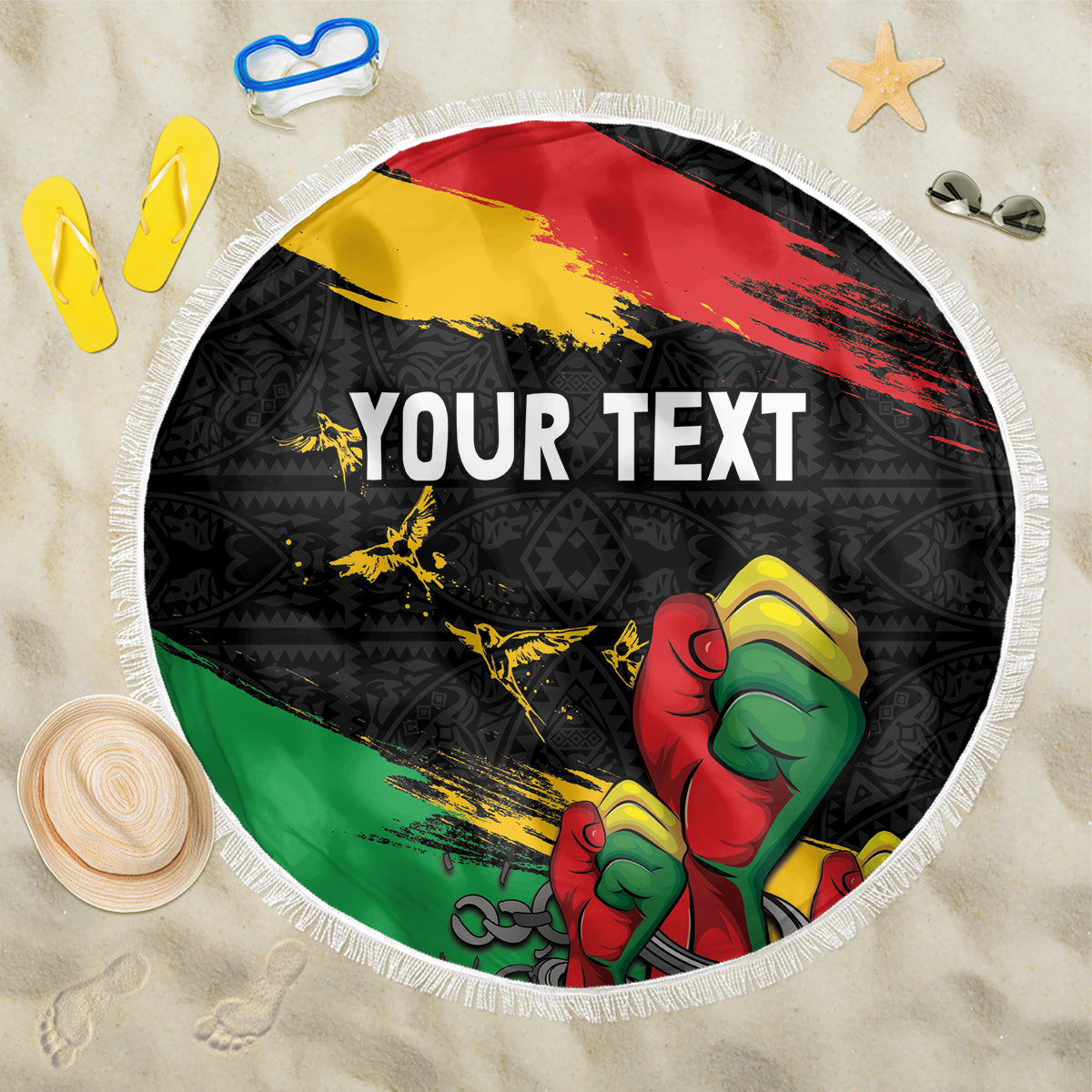 Round beach blanket with fringe, black, red-yellow-green raised fist and 'YOUR TEXT'