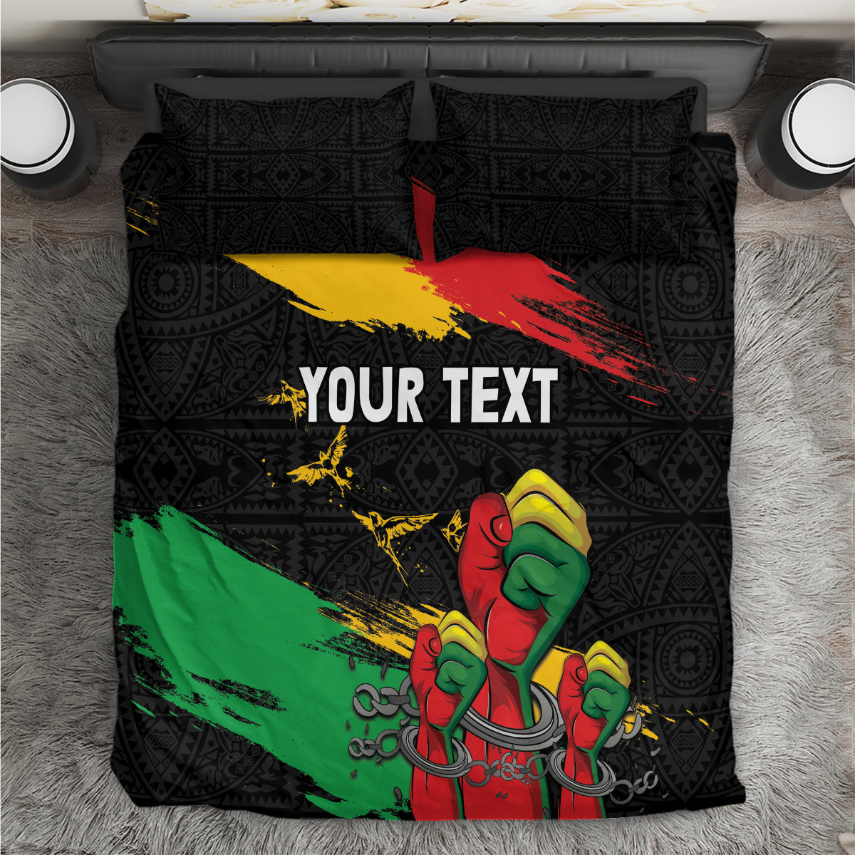 Black bedding set with Africa pattern, raised fist graphic, green yellow red brush stripes, YOUR TEXT