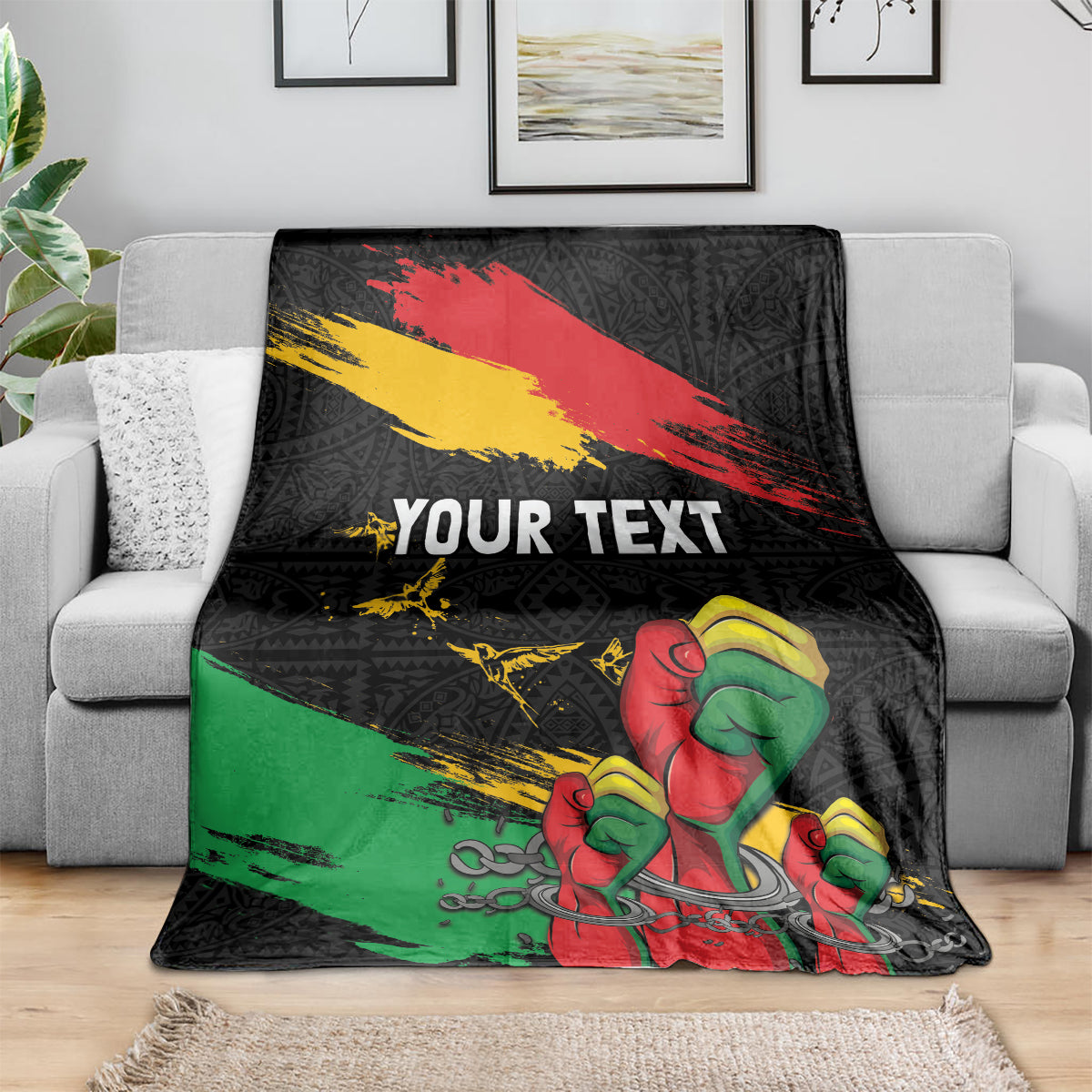Black personalized blanket with 'YOUR TEXT' raised-fist graphic and red/yellow/green brush stripes