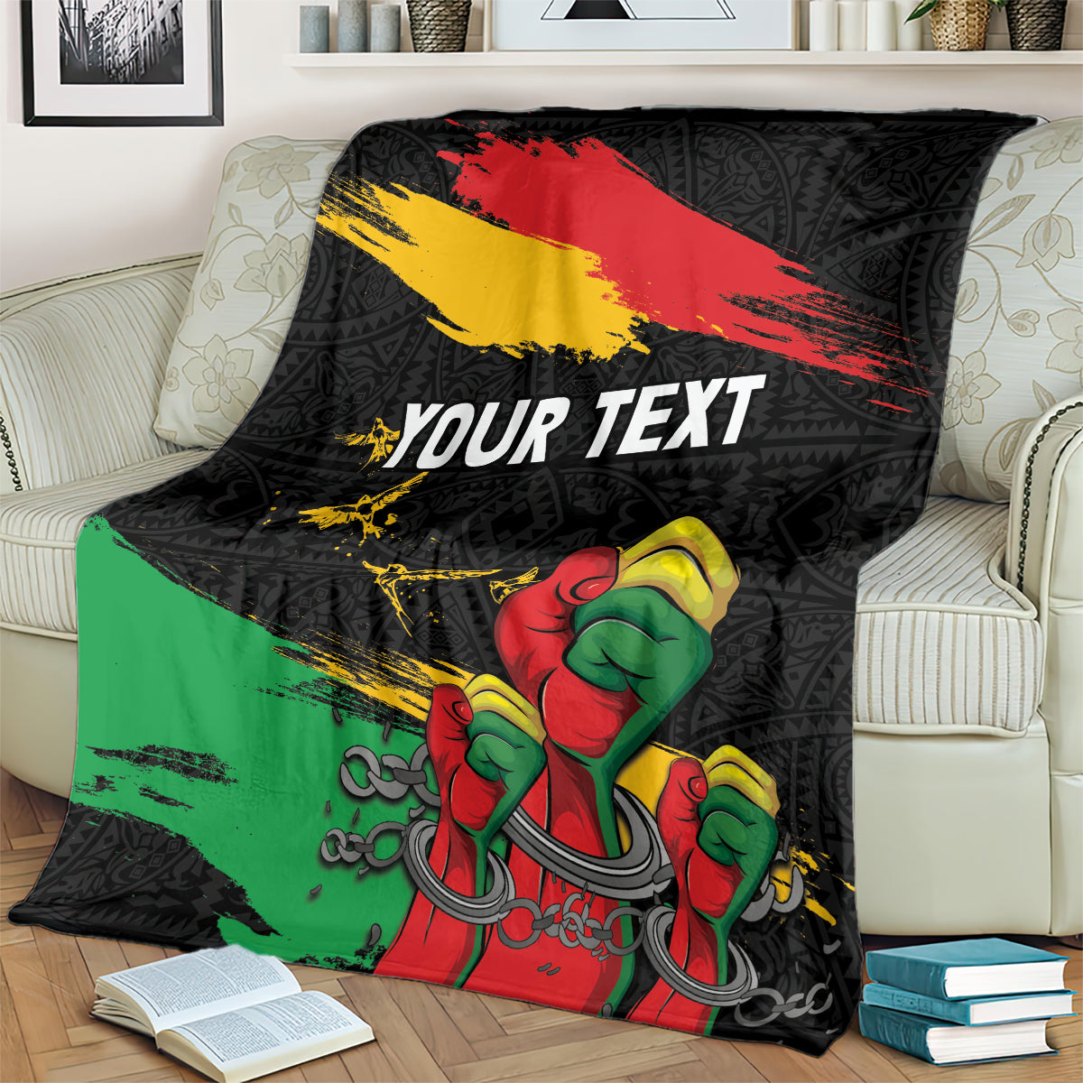 Black personalized blanket close view with 'YOUR TEXT' raised fist design and red-yellow-green stripe