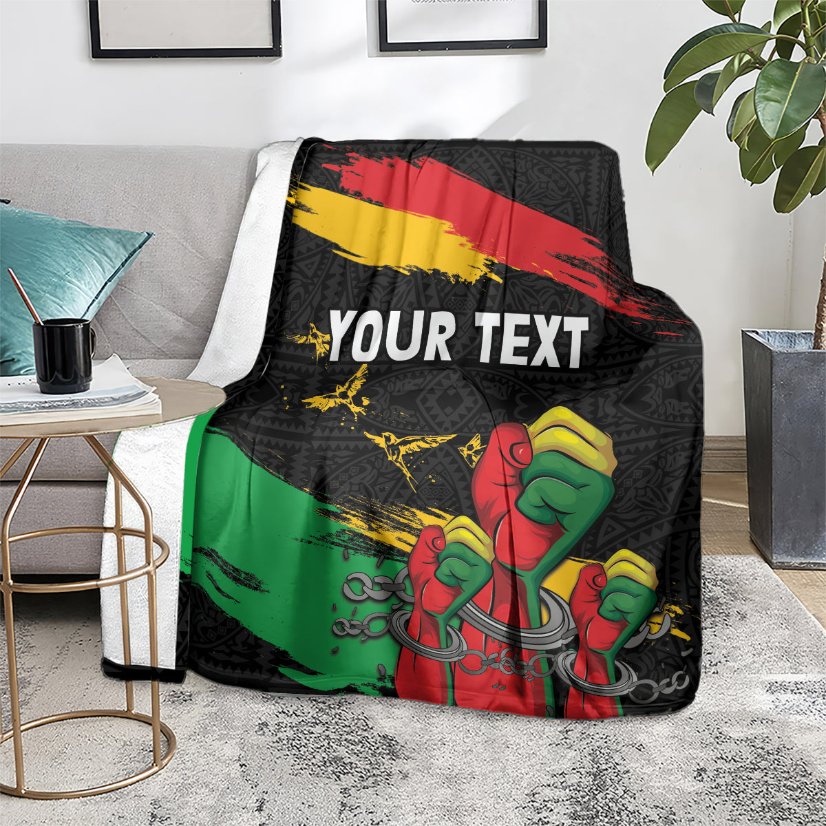 Black personalized blanket with 'YOUR TEXT' raised-fist design and red-yellow-green stripes