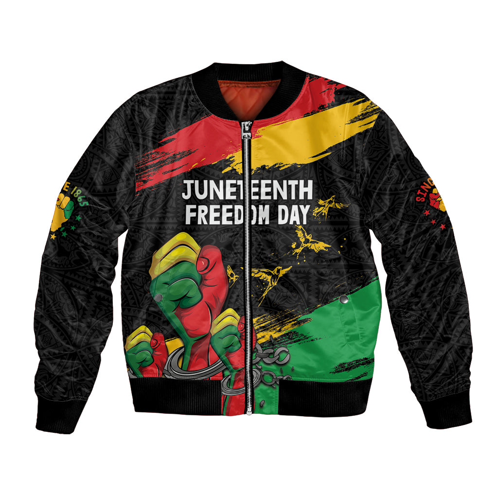 Black bomber jacket with full-zip front, Juneteenth Freedom Day graphic panels and raised fist