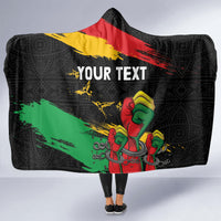 Black hooded blanket with African pattern, raised fist artwork and center 'YOUR TEXT' area