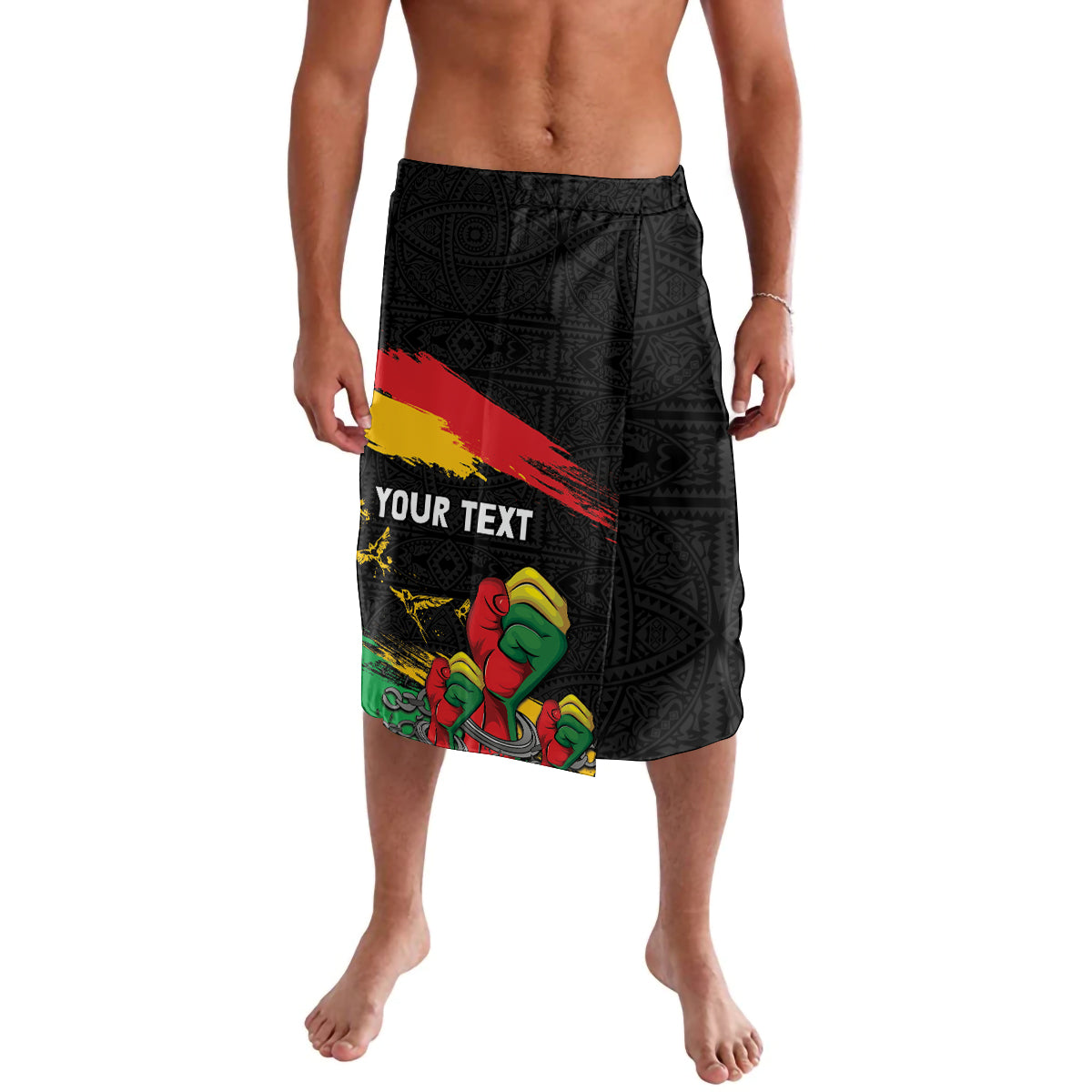 Black lavalava sarong with all-over pattern, “YOUR TEXT” and raised-fist artwork front