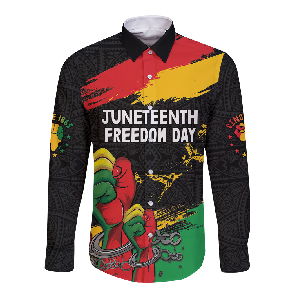 Black long-sleeve button shirt with Juneteenth Freedom Day graphic and raised-fist artwork
