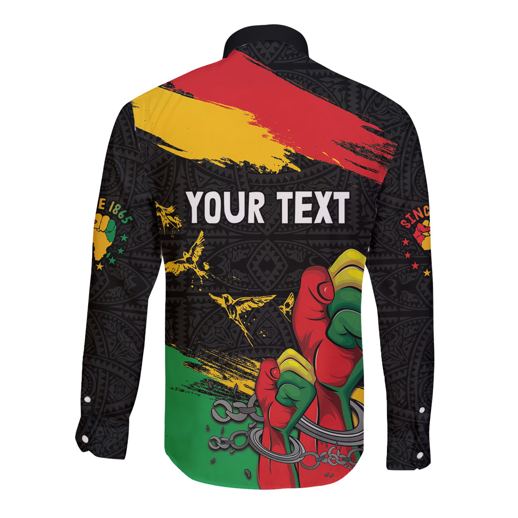 Black long-sleeve button shirt back with YOUR TEXT and colorful Africa-style pattern
