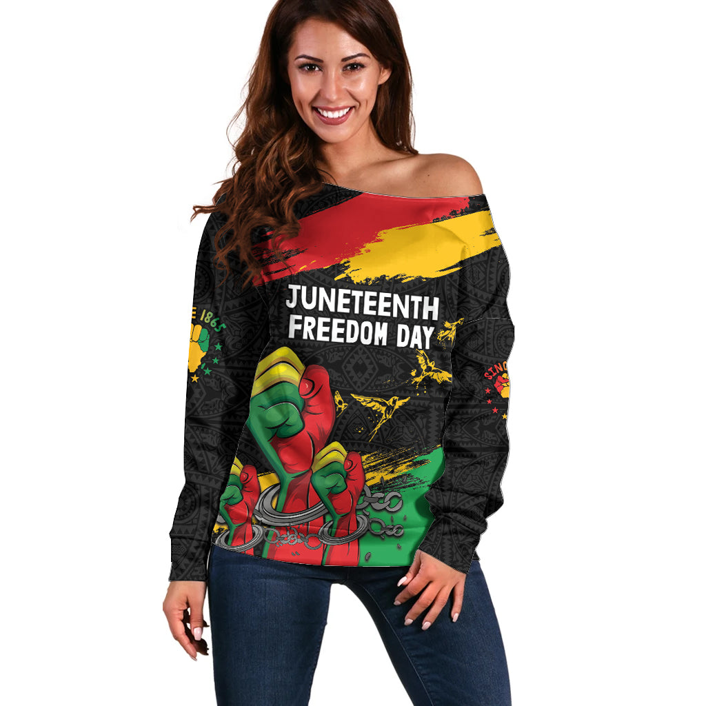 Personalized Juneteenth Freedom Day Off Shoulder Sweater Raised Fist Black Power and Africa Pattern - Wonder Print Shop