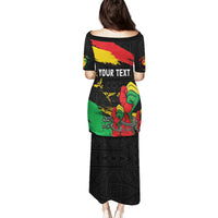 Black long puletasi dress, back shows 'YOUR TEXT' and raised-fist Africa graphic