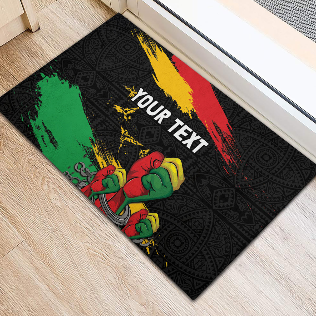 Personalized Juneteenth rubber doormat with black base, multicolor stripe, raised fist and “YOUR TEXT”
