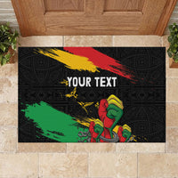 Personalized Juneteenth rubber doormat featuring black pattern, multicolor stripe, raised fist