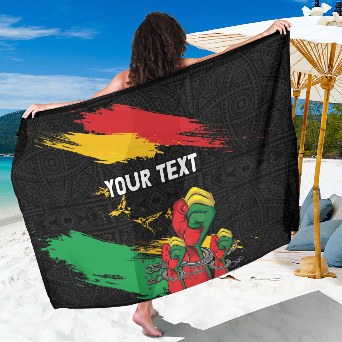 Black personalized sarong spread out, Africa pattern with raised fist and 'YOUR TEXT'
