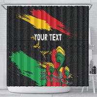 Black shower curtain with raised fists on red-yellow-green diagonal stripe, “YOUR TEXT”