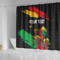 Black shower curtain with grommets, raised fists on diagonal red-yellow-green stripes, “YOUR TEXT”