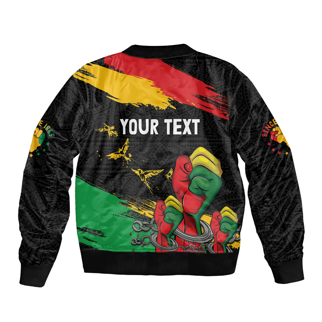 Unisex black bomber jacket, back shows YOUR TEXT over Juneteenth fist artwork