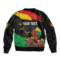 Unisex black bomber jacket, back shows YOUR TEXT over Juneteenth fist artwork