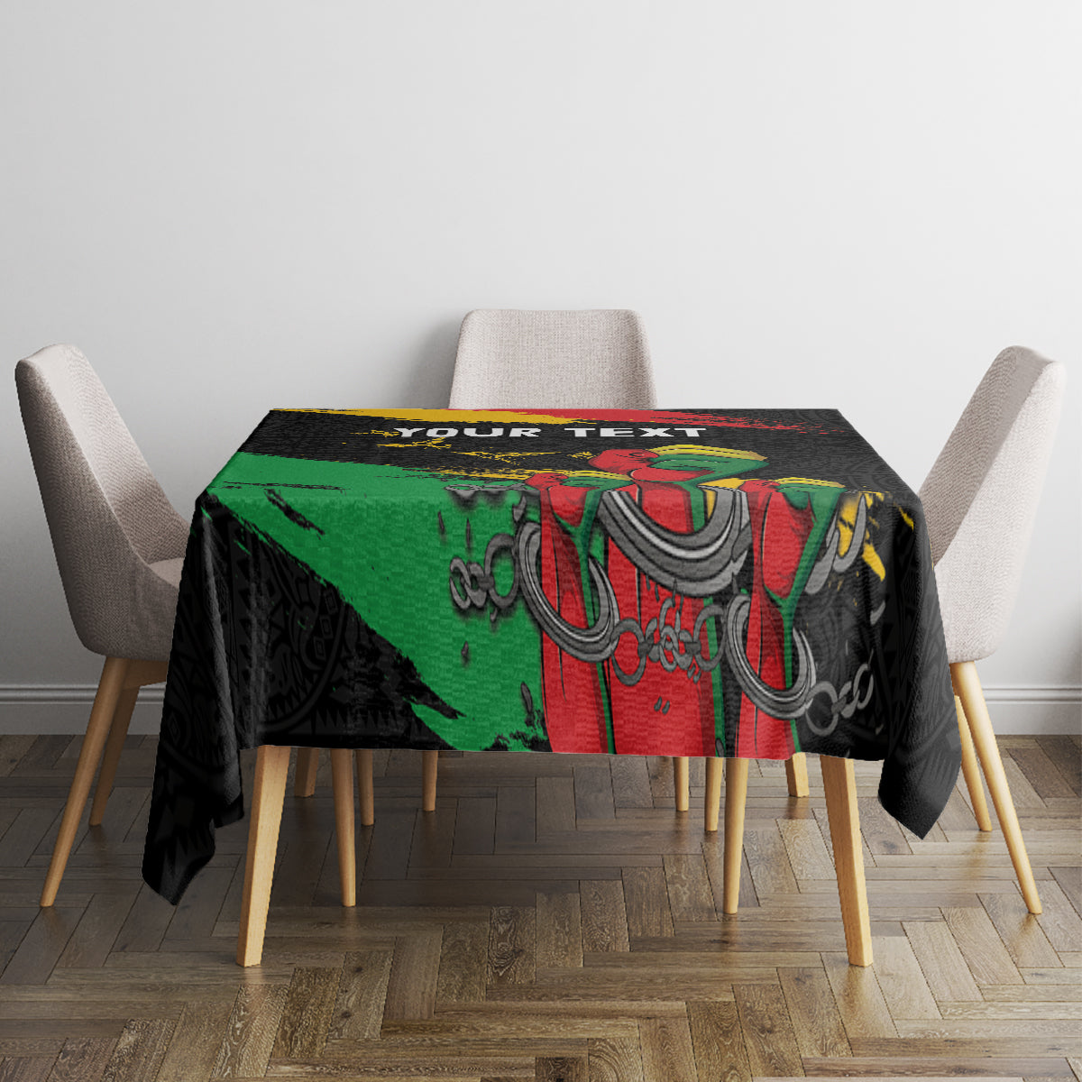 Black personalized tablecloth with raised fist design and 'YOUR TEXT' text at center.
