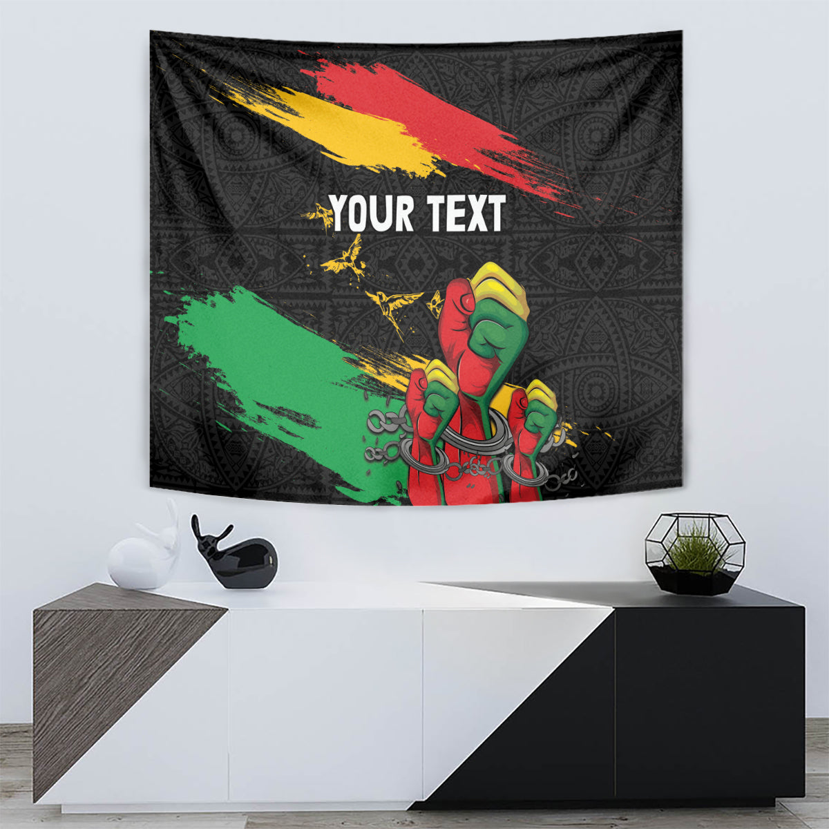 Black tapestry showing raised fist graphic with 'YOUR TEXT' across the middle