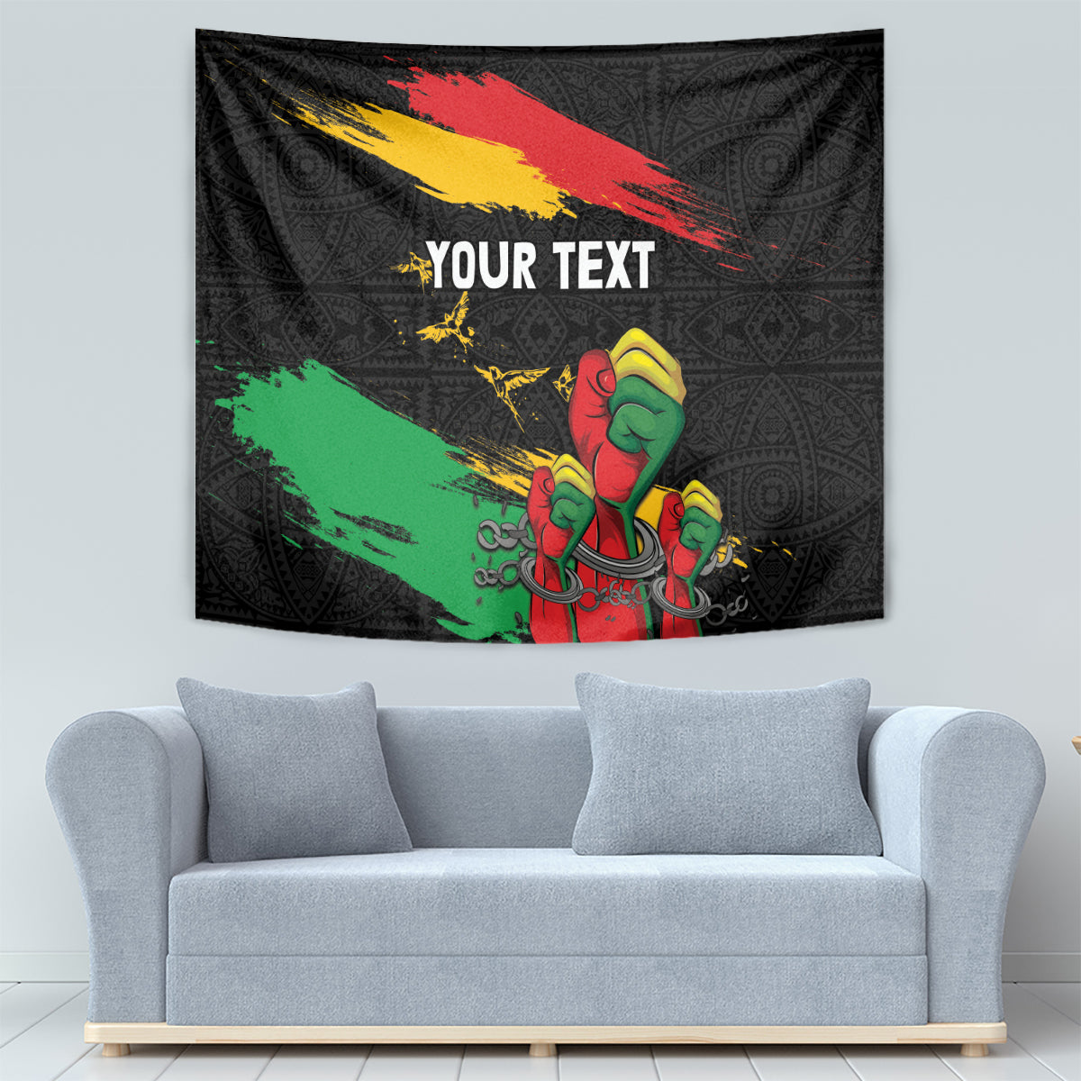 Black Juneteenth tapestry with raised fist illustration and 'YOUR TEXT' centered