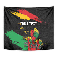 Black freedom day tapestry with raised fist artwork and 'YOUR TEXT' in bold