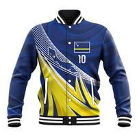Curacao National Football Custom Baseball Jacket Abstract Sharp Wave Pattern Sporty Style with Map