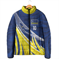 Curacao National Football Custom Padded Jacket Abstract Sharp Wave Pattern Sporty Style with Map