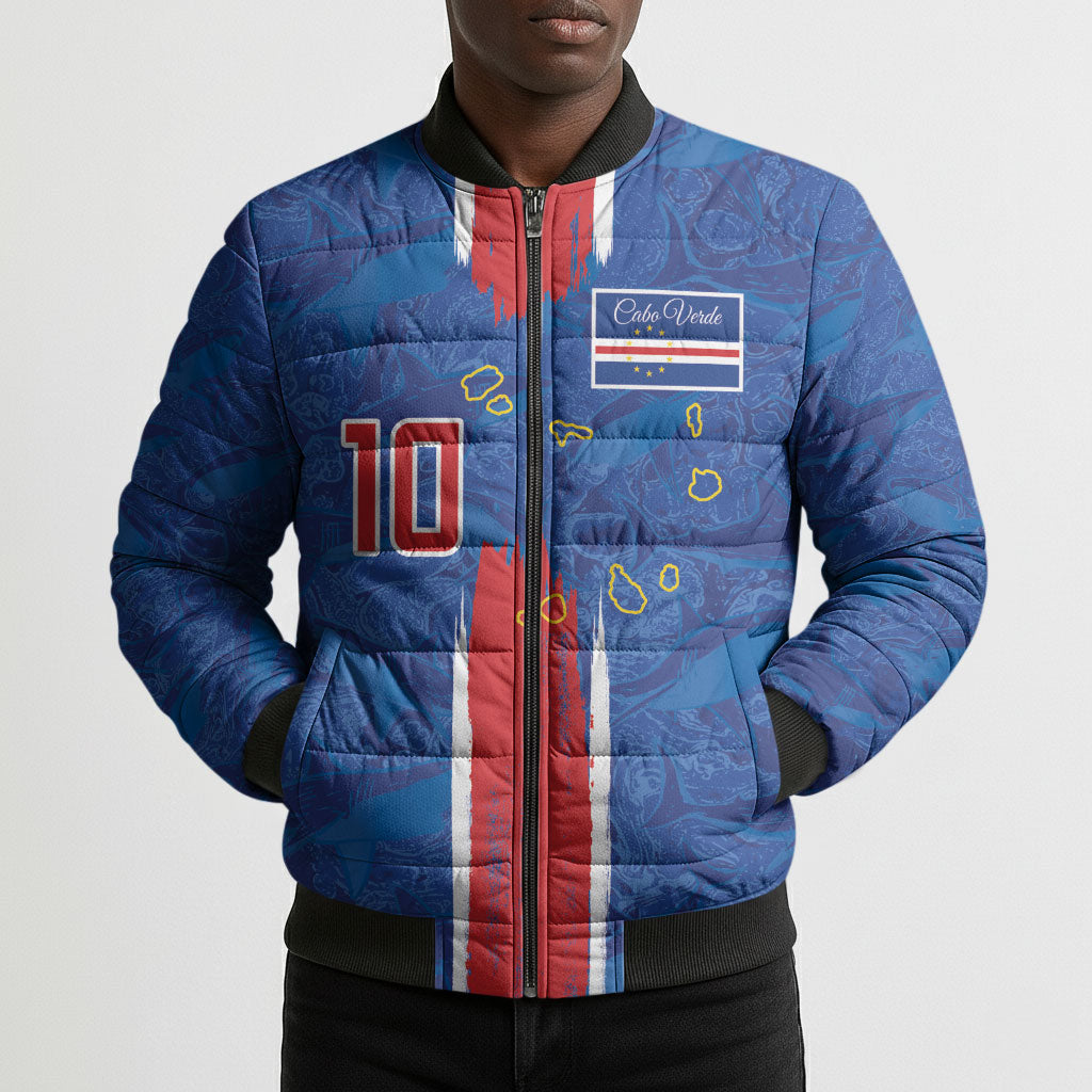 Cabo Verde Custom Bomber Puffer Jacket Paint Brush Stroke Shark Pattern Map Design