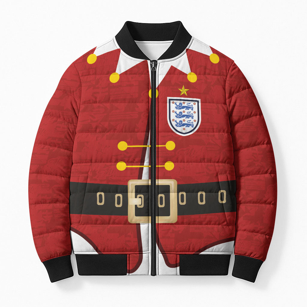Custom England Football Bomber Puffer Jacket Funny Christmas Elf Costume