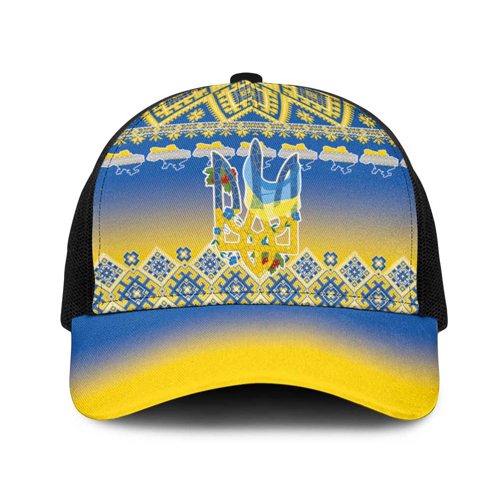 Ukraine Merry Christmas Baseball Net Cap Ukraine Emblem and Vyshyvanka Flag Color Style - Wonder Print Shop