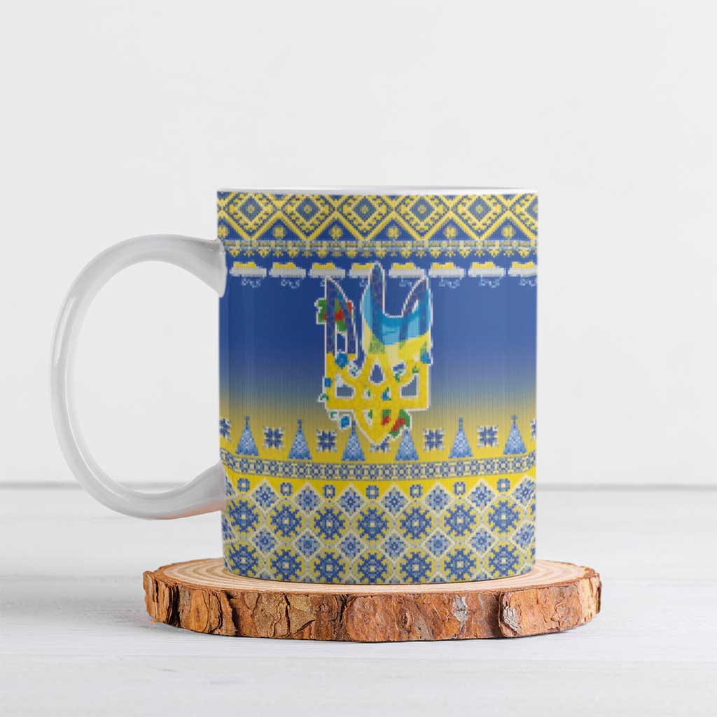 Ukraine Merry Christmas Ceramic Mug Ukraine Emblem and Vyshyvanka Knitted Effect - Wonder Print Shop