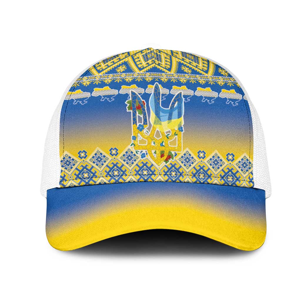 Ukraine Merry Christmas Mesh Trucker Cap Ukraine Emblem and Vyshyvanka Flag Color Style - Wonder Print Shop
