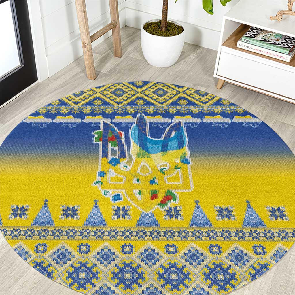 Ukraine Merry Christmas Round Carpet Ukraine Emblem and Vyshyvanka Knitted Effect - Wonder Print Shop