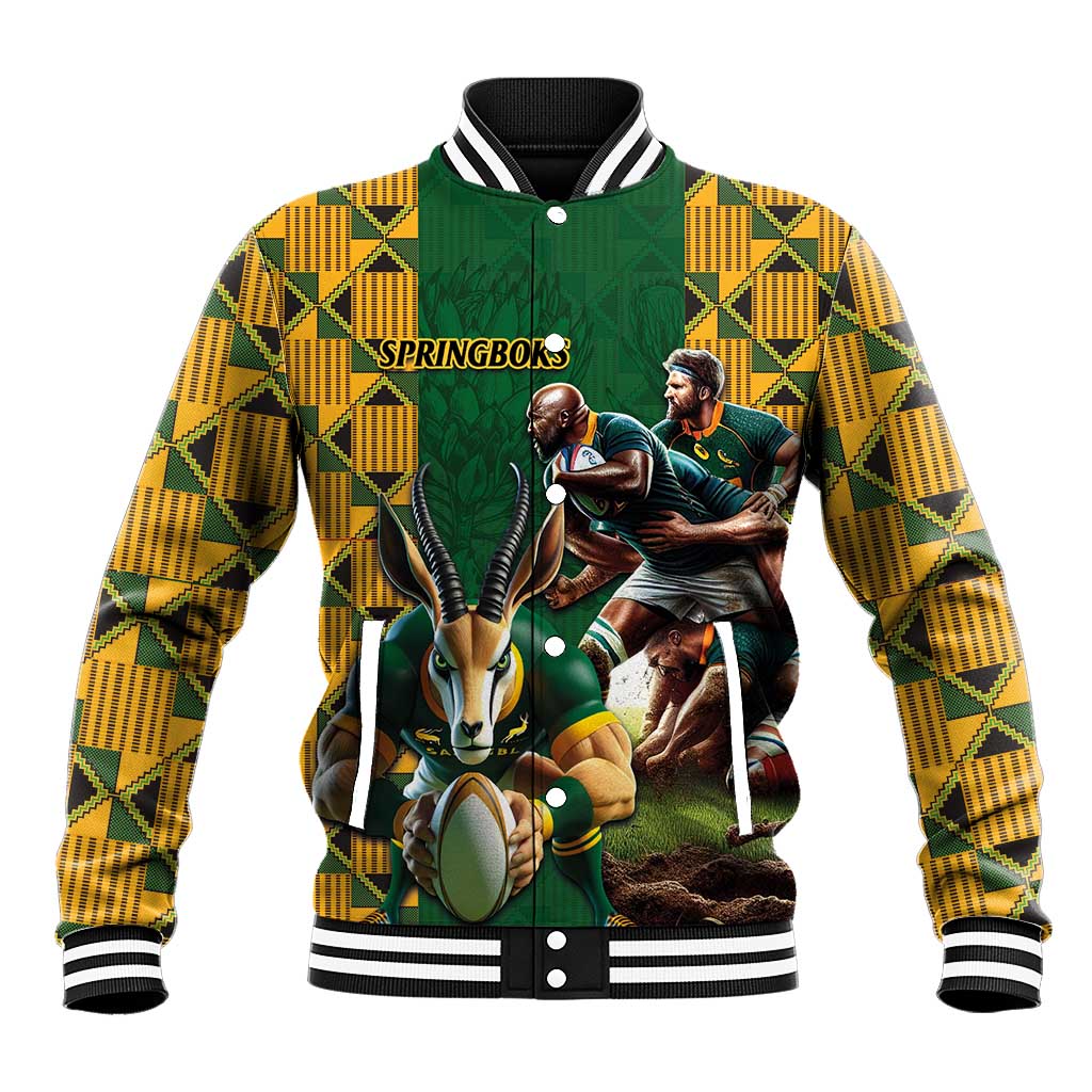 South Africa Rugby Baseball Jacket The Springbok Mascot and Rugby Players Fight for Victory - Wonder Print Shop