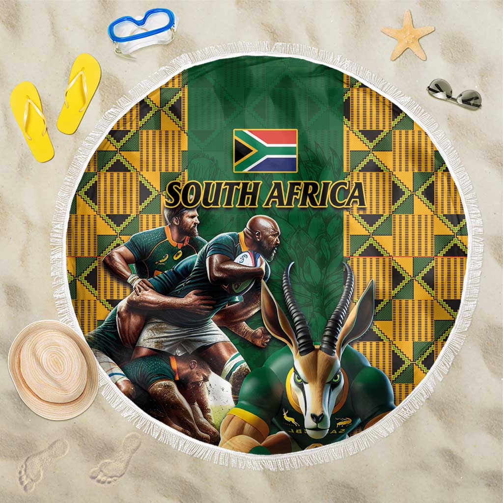 Round rugby beach blanket with fringe, green/yellow pattern, South Africa text, players & Springbok