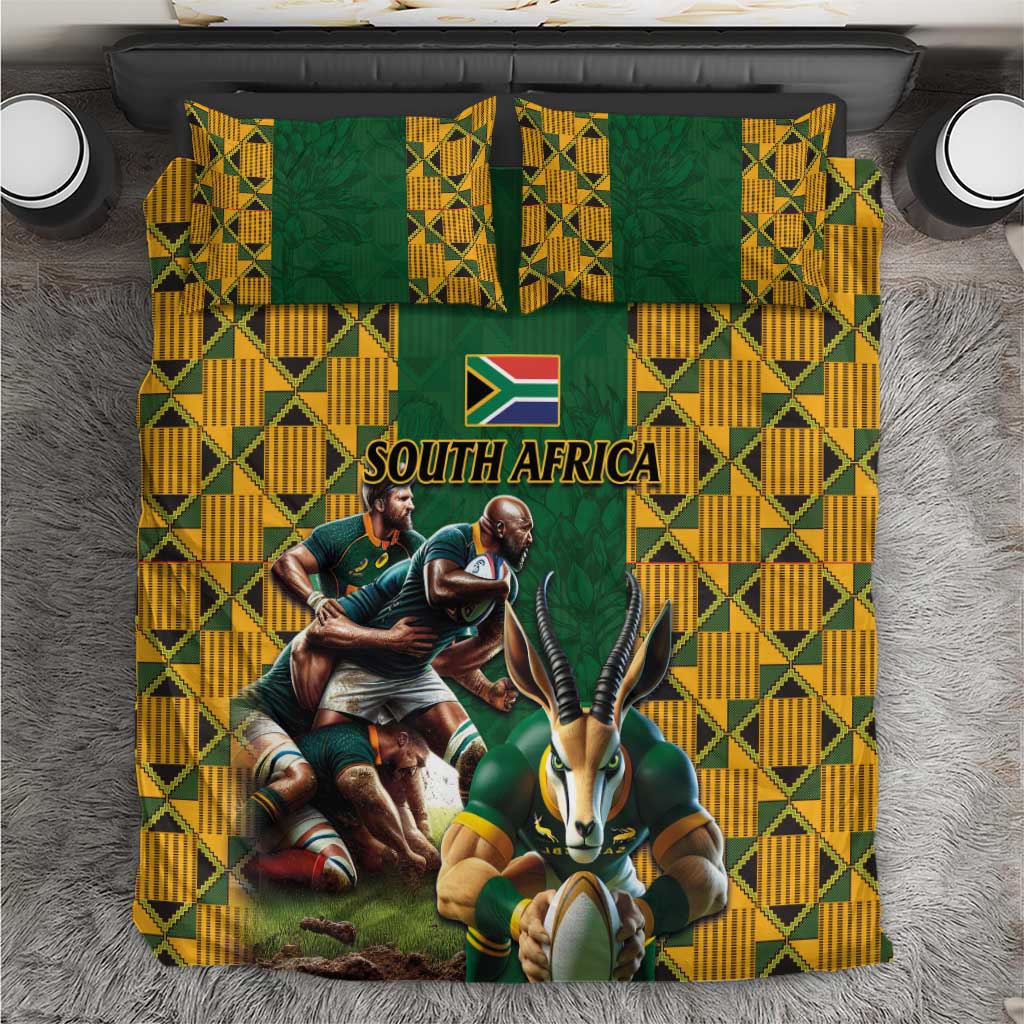 South Africa rugby bedding set showing duvet with Springbok, players, and South Africa wording on green/yellow