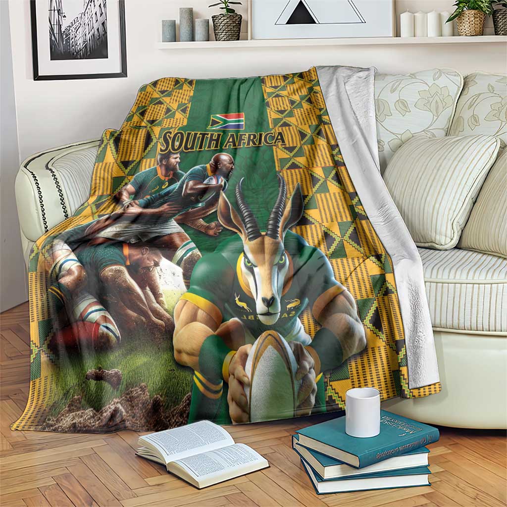 Green and yellow rugby blanket with Springbok mascot and players, South Africa print