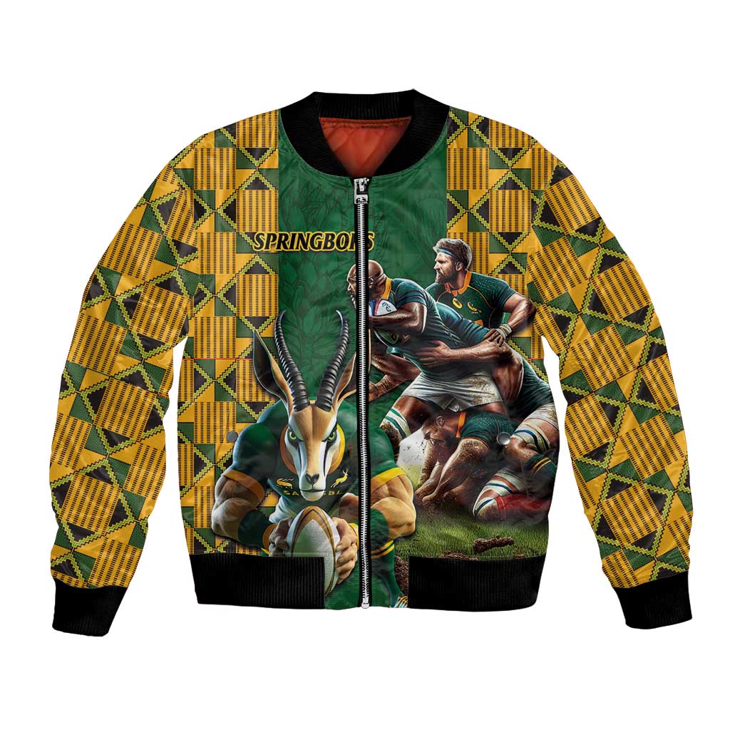 Unisex yellow bomber jacket with green check pattern, zip front, springbok mascot graphic