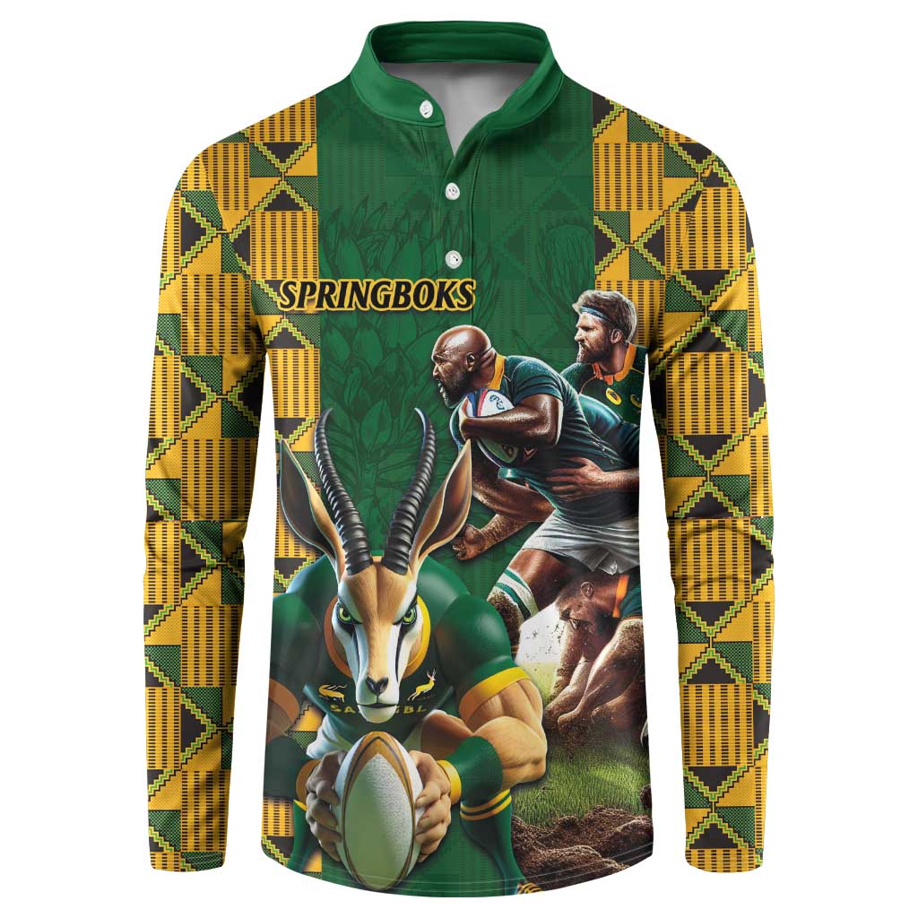 Green button-front rugby sweatshirt with Springboks mascot and player graphic, long sleeves.