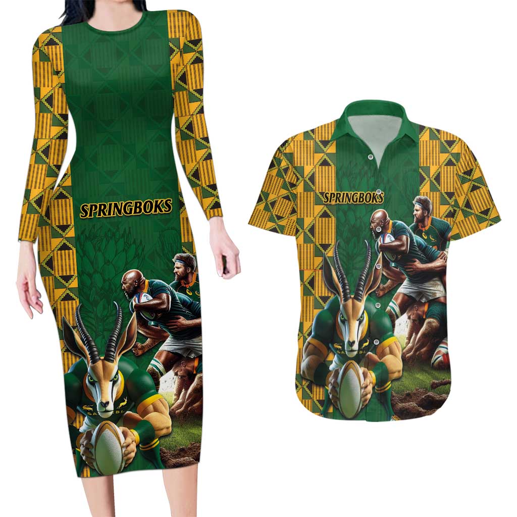 South Africa Rugby Couples Matching Long Sleeve Bodycon Dress and Hawaiian Shirt The Springbok Mascot and Rugby Players Fight for Victory - Wonder Print Shop