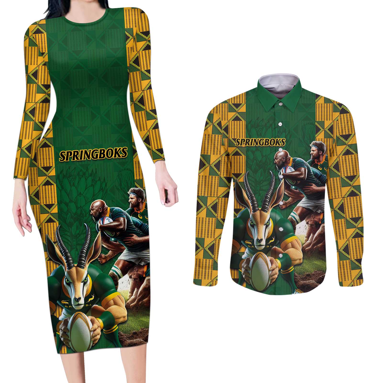 South Africa Rugby Couples Matching Long Sleeve Bodycon Dress and Long Sleeve Button Shirt The Springbok Mascot and Rugby Players Fight for Victory - Wonder Print Shop