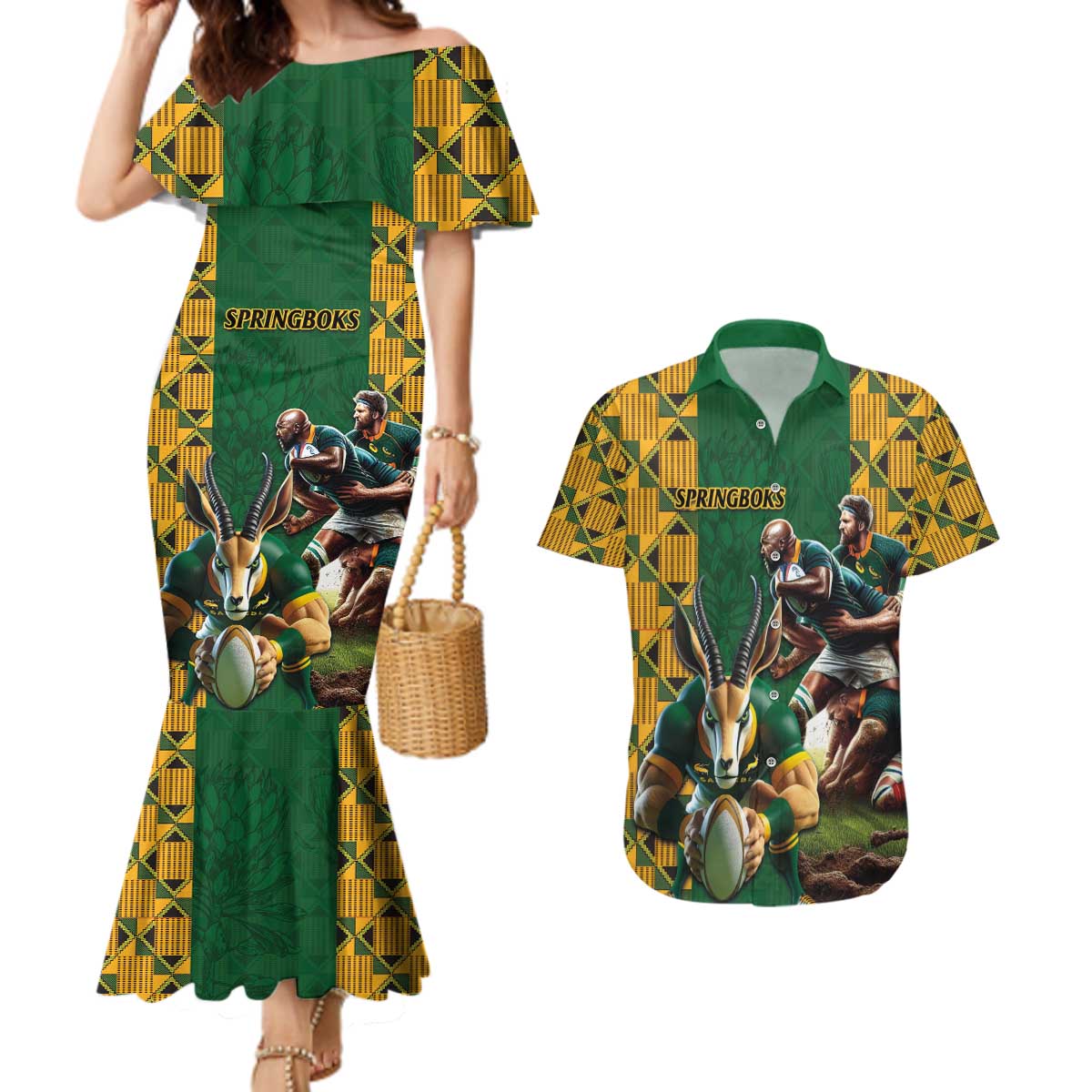 South Africa Rugby Couples Matching Mermaid Dress and Hawaiian Shirt The Springbok Mascot and Rugby Players Fight for Victory - Wonder Print Shop