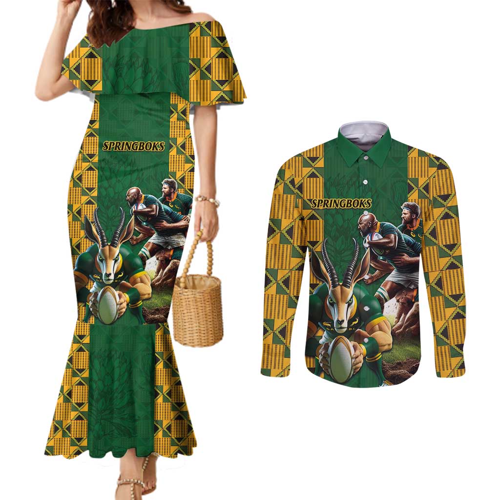 South Africa Rugby Couples Matching Mermaid Dress and Long Sleeve Button Shirt The Springbok Mascot and Rugby Players Fight for Victory