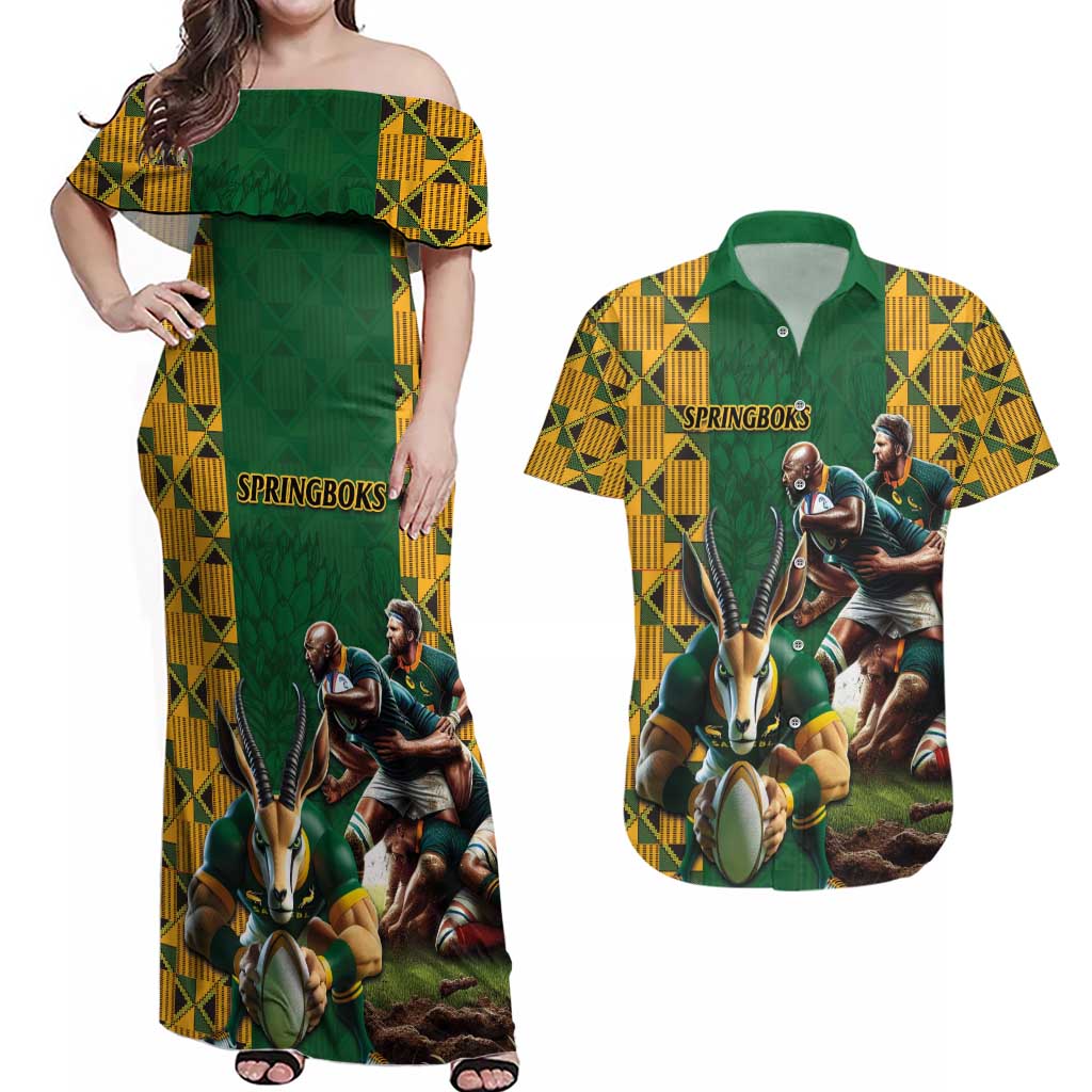 South Africa Rugby Couples Matching Off Shoulder Maxi Dress and Hawaiian Shirt The Springbok Mascot and Rugby Players Fight for Victory - Wonder Print Shop