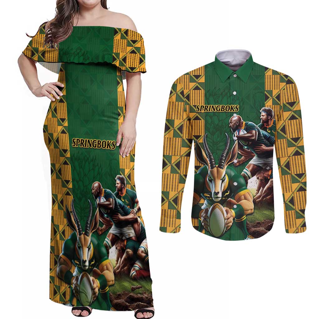 South Africa Rugby Couples Matching Off Shoulder Maxi Dress and Long Sleeve Button Shirt The Springbok Mascot and Rugby Players Fight for Victory - Wonder Print Shop