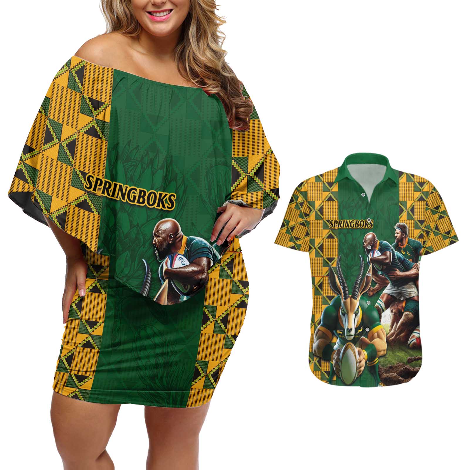 South Africa Rugby Couples Matching Off Shoulder Short Dress and Hawaiian Shirt The Springbok Mascot and Rugby Players Fight for Victory - Wonder Print Shop