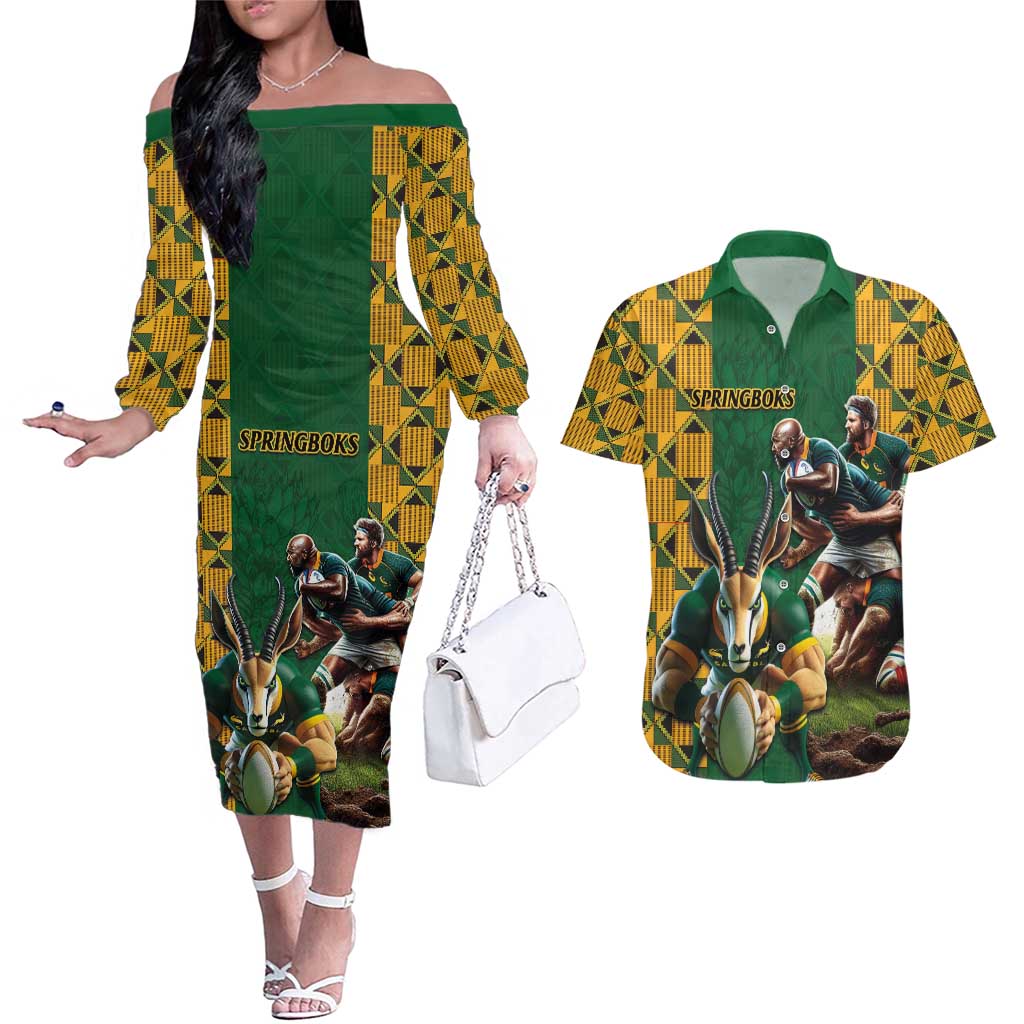 South Africa Rugby Couples Matching Off The Shoulder Long Sleeve Dress and Hawaiian Shirt The Springbok Mascot and Rugby Players Fight for Victory - Wonder Print Shop