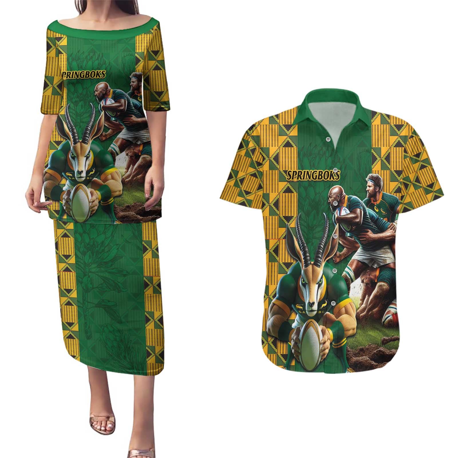 South Africa Rugby Couples Matching Puletasi and Hawaiian Shirt The Springbok Mascot and Rugby Players Fight for Victory - Wonder Print Shop